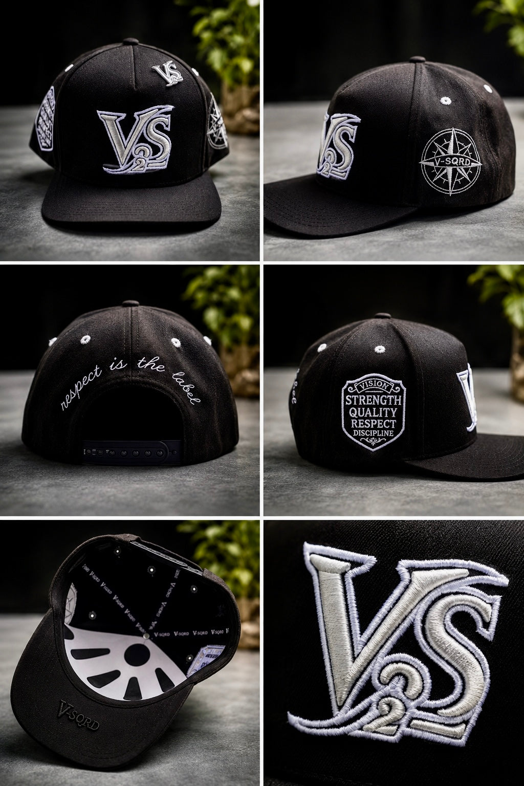 V-SQRD Signature Premium Snapback – Black & Silver Edition The Signature Black & Silver Edition was created for those who prefer a clean and powerful look.

The all-black body provides versatility while the silver embroidery creates the perfect contrast,