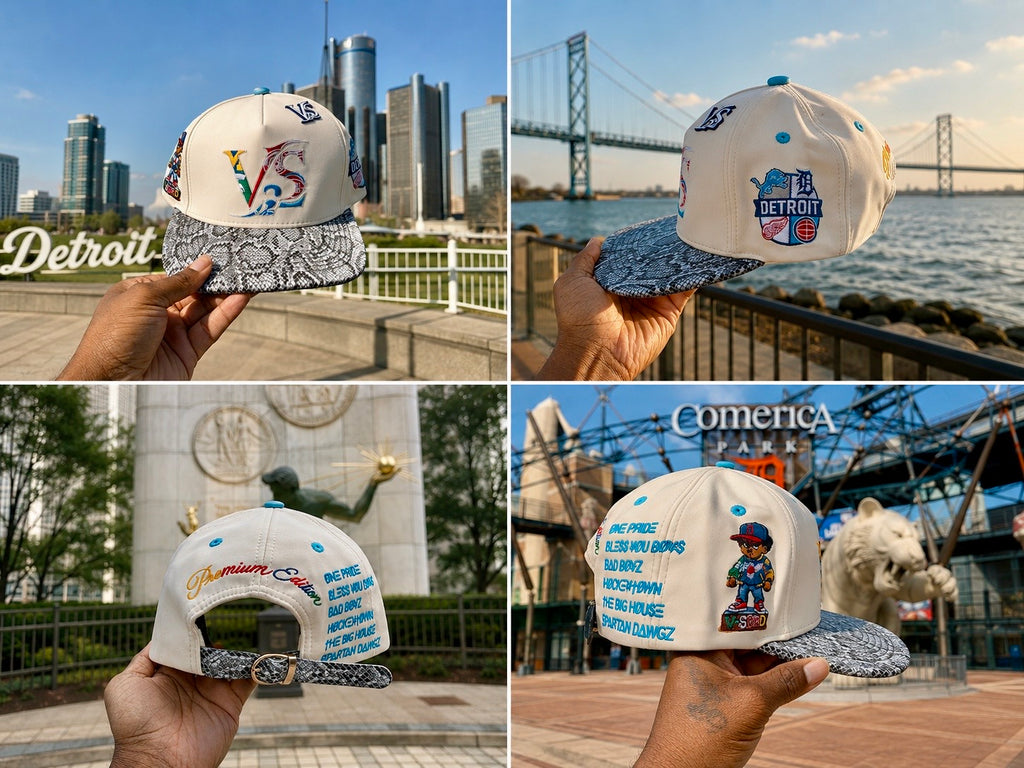 V-SQRD Detroit Legends Premium Leather Snapback – Cream Snakeskin Edition Premium cream leather snapback with gray snakeskin brim, custom Detroit-inspired embroidery, leather strap closure, and limited-edition V-SQRD detailing. Built for those who represe