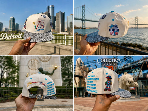 V-SQRD Detroit Legends Premium Leather Snapback – Cream Snakeskin Edition Premium cream leather snapback with gray snakeskin brim, custom Detroit-inspired embroidery, leather strap closure, and limited-edition V-SQRD detailing. Built for those who represe