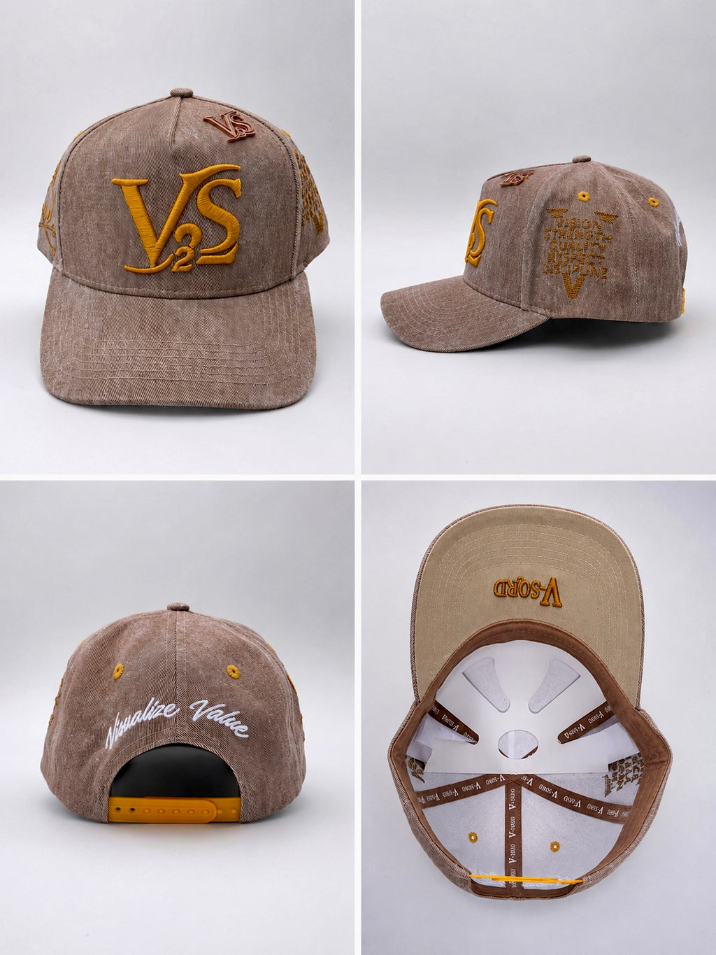 V-SQRD Premium Suede Snapback – Sandstone Gold Edition Premium sandstone suede snapback featuring raised gold VS² embroidery, custom interior branding, curved brim construction, and signature V-SQRD detailing. Built for those who move with Vision, Strengt