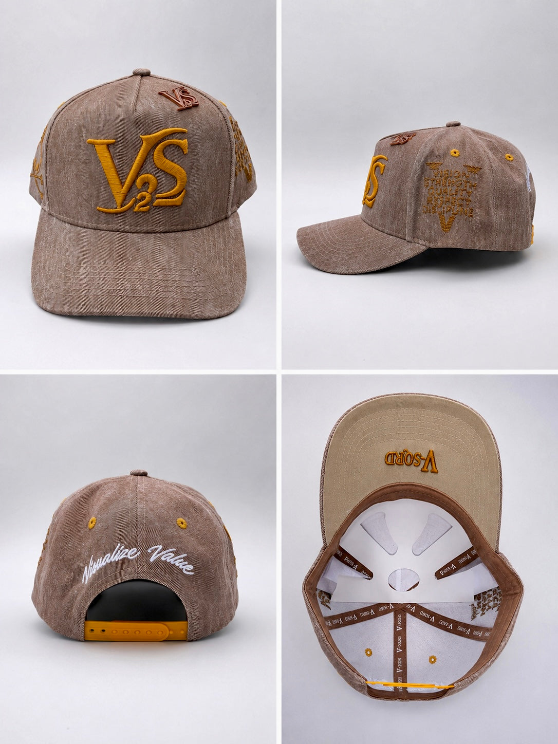 V-SQRD Premium Suede Snapback – Sandstone Gold Edition Premium sandstone suede snapback featuring raised gold VS² embroidery, custom interior branding, curved brim construction, and signature V-SQRD detailing. Built for those who move with Vision, Strengt