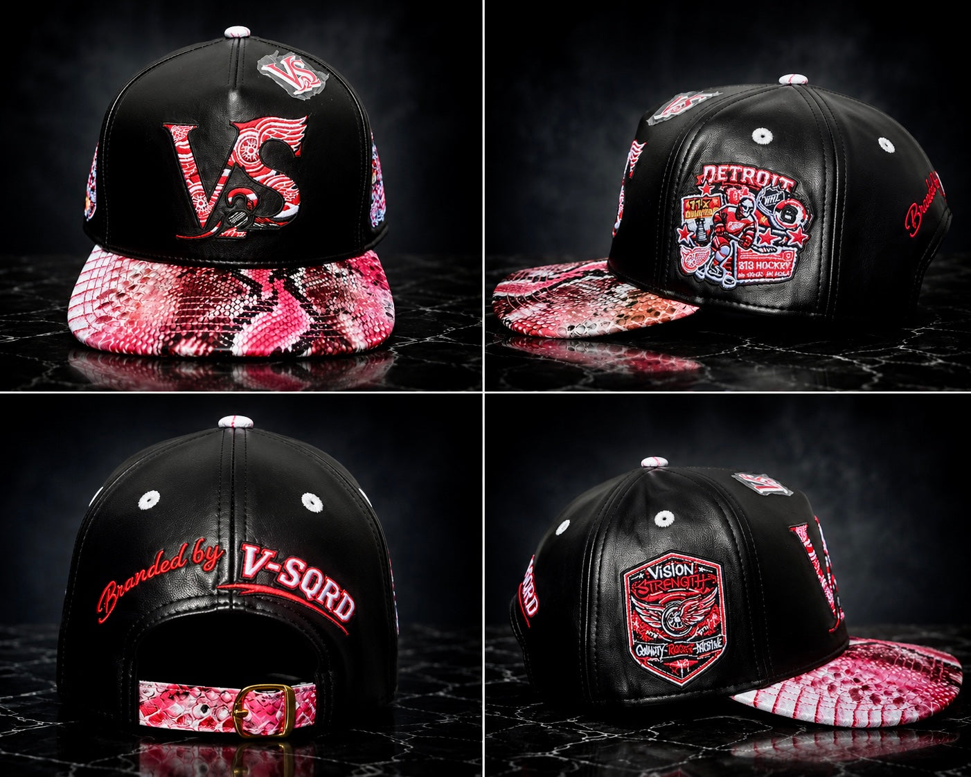 V-SQRD Detroit Heritage Premium Leather Snapback – Red Snakeskin Edition Only a limited number were produced. Once sold out, this design will not be restocked. Built for individuals who move with Vision, Strength, Quality, Respect, and Discipline.