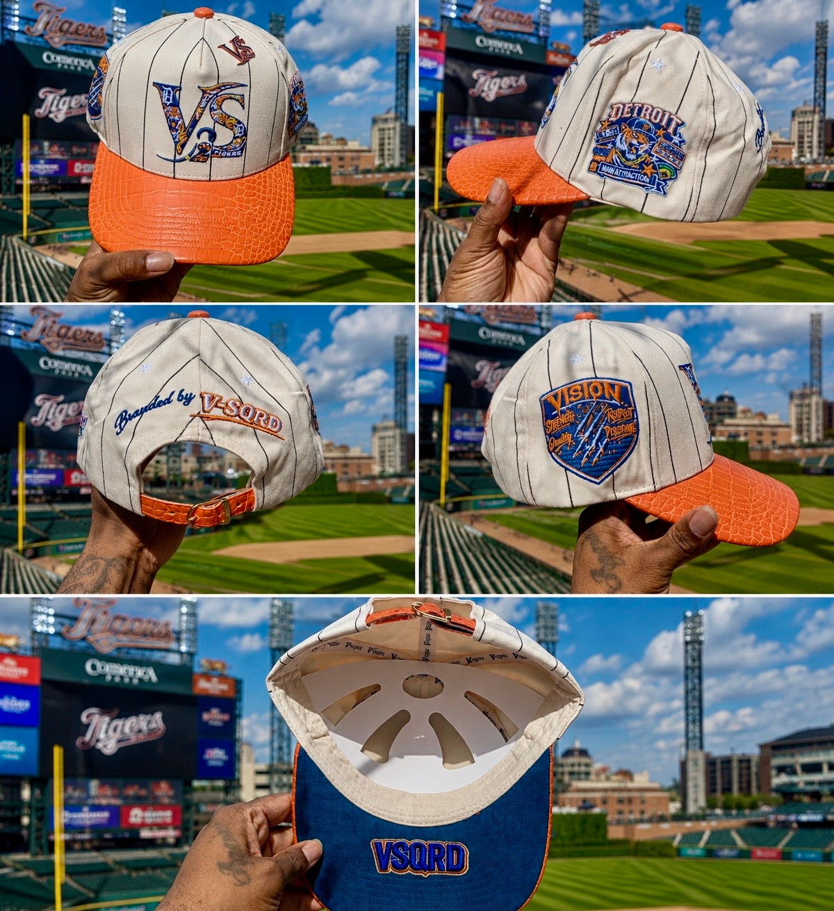 V-SQRD Detroit Diamond Premium Pinstripe Snapback – Orange Croc Edition The cream pinstripe body delivers a timeless classic look while the orange croc-textured brim creates a luxury finish that immediately grabs attention.

Combined with custom Detroit-i